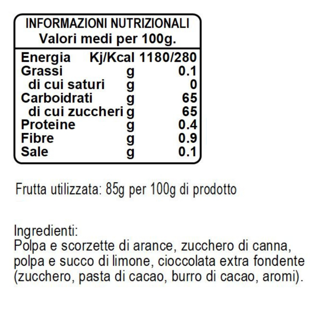 Confettura Extra Arancia e Cioccolato SAITA Valori Nutrizionali e Ingredienti