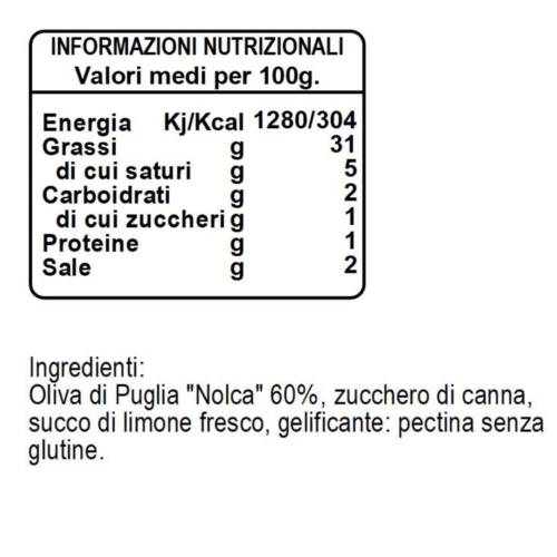 Confettura Extra di Olive di Puglia "Nolca" SAITA Ingredienti e Valori nutrizionali